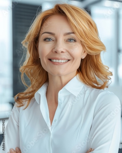 Closeup portrait of a smiling mature european businesswoman in a modern co working space photo