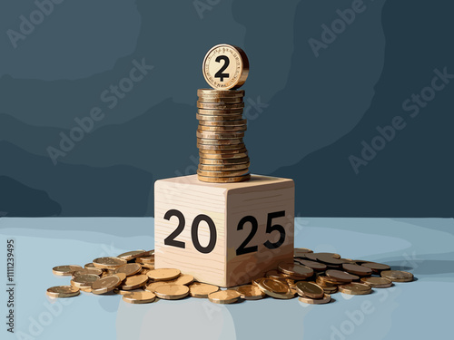 2025 new year goal plan action with 2025 in wooden cube with pile of growing coins, Business , financial and strategies. Annual plan and development for achieving goal, achievement and success.