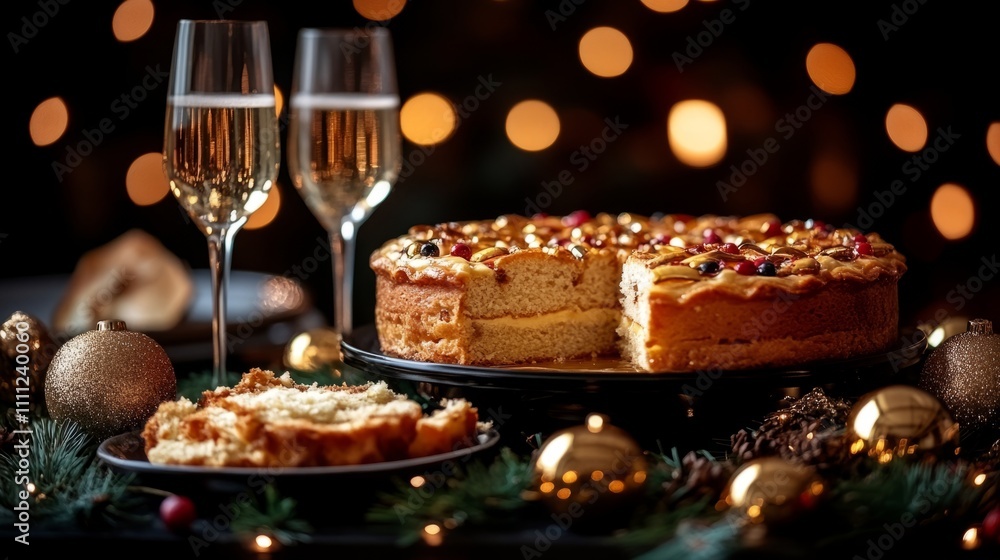 Obraz premium Festive holiday cake and sparkling wine with christmas decor and lights