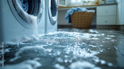 Overflowing washing machine in modern laundry room photo