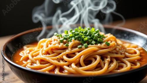 Spicy buldak ramen with steaming broth on a dark bowl. photo