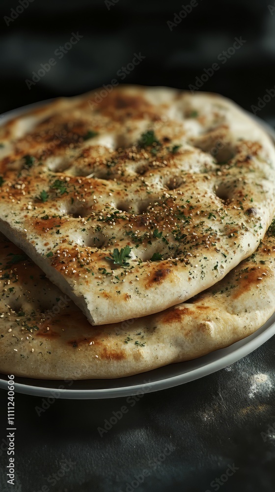 Indian naan bread with herbs and garlic seasoning on plate. indian food. Ultra realistic. Photorealistic hypermaximalist advertising photography hyper realistic fine detail Indian naan bread with herbs and garlic seasoning on plate. indian food. Ultra realistic. Photorealistic hypermaximalist advertising photography hyper realistic fine detail