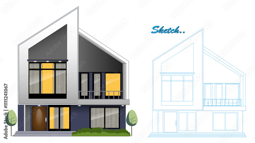 Fototapeta premium Template of Modern Minimalist House Design with Blueprint Sketch