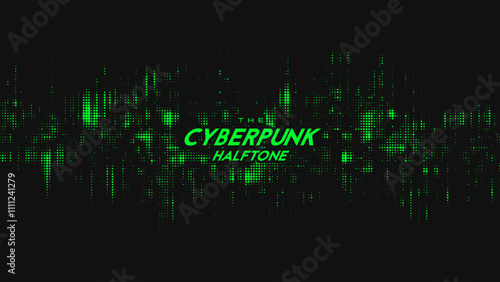 Abstract vector green cyberpunk halftone sound wave. Scrathed dotted texture element.