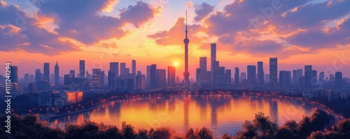 Stunning cityscape at sunrise. Skyscrapers, tower dominate skyline. Water reflects vibrant colors. Asia city. Urban scene. Sunrise colors. Modern architecture. Nighttime city lights reflect.