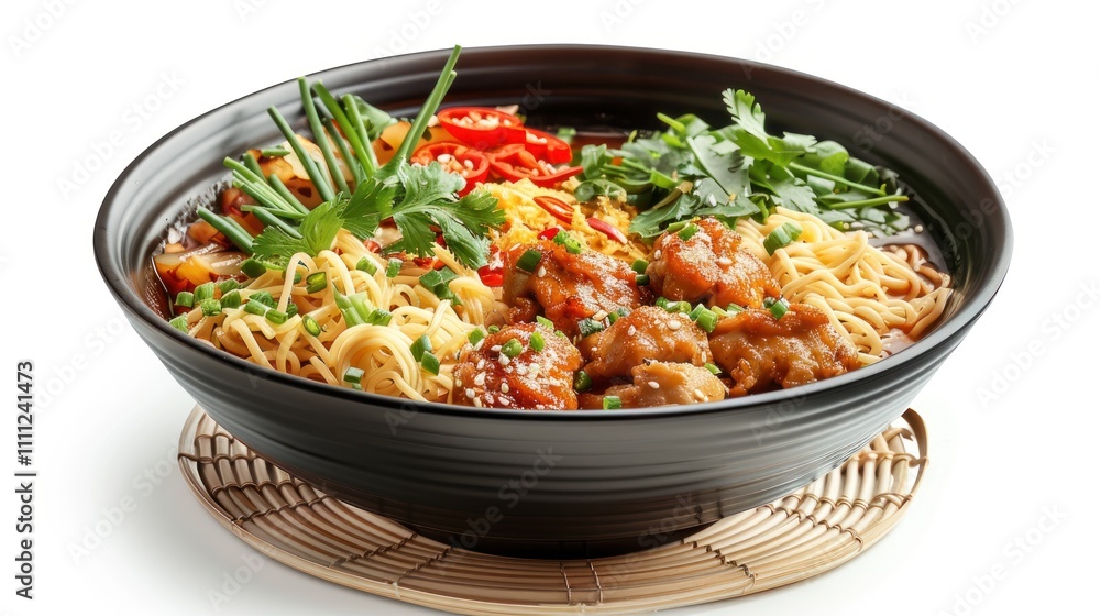 A delicious bowl of noodles topped with chicken, vegetables, and herbs, perfect for a meal. A delicious bowl of noodles topped with chicken, vegetables, and herbs, perfect for a meal.