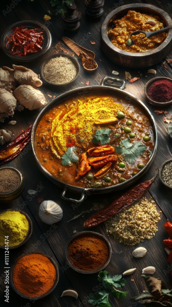 Traditional curry and ingredients. indian food. Ultra realistic. Photorealistic hypermaximalist advertising photography hyper realistic fine detail Traditional curry and ingredients. indian food. Ultra realistic. Photorealistic hypermaximalist advertising photography hyper realistic fine detail