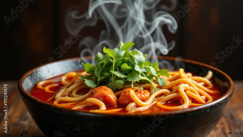 Spicy Korean buldak ramen with noodles and toppings in a black bowl on a wooden surface, topped with basil leaves. photo