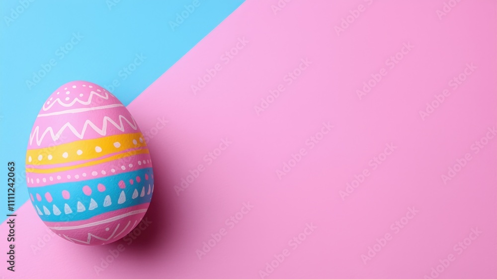 Brightly colored easter egg on a pink and blue background, easter , frame , space for text Brightly colored easter egg on a pink and blue background, easter , frame , space for text