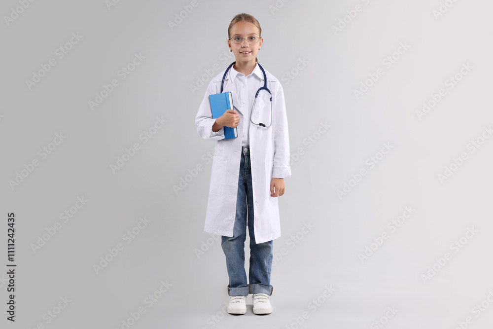 Girl with stethoscope and book pretending to be doctor on light grey background. Dreaming of future profession Girl with stethoscope and book pretending to be doctor on light grey background. Dreaming of future profession
