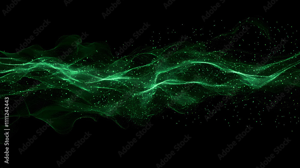 Abstract technology wave of particles. Big data visualization. Dark background with motion green lines. Artificial intelligence. 3d rendering.