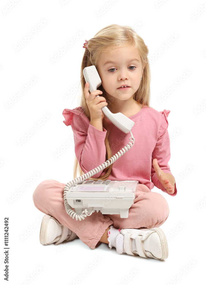 Cute little girl with telephone on white background Cute little girl with telephone on white background