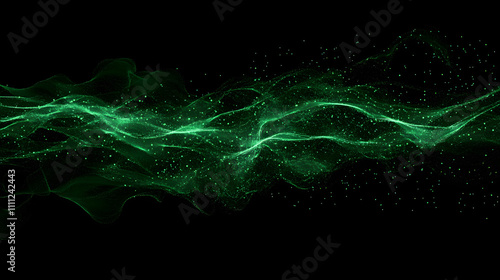 Abstract technology wave of particles. Big data visualization. Dark background with motion green lines. Artificial intelligence. 3d rendering.