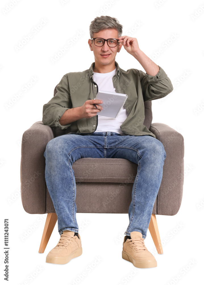 Professional psychologist with notebook sitting on chair against white background Professional psychologist with notebook sitting on chair against white background