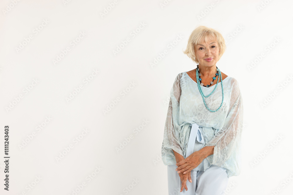 Portrait of beautiful senior woman on white background, space for text Portrait of beautiful senior woman on white background, space for text