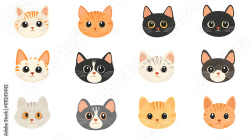 funny cat animal head cartoon set in colorful flat illustration style. cute kitten pet collection, diverse domestic cats with white shades, png