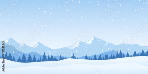 Winter landscape with snowdrifts and snowy fir trees. Vector 3d illustration. Seasonal nature background. Frosty snow hills. Game art concept. Vector illustration: Cartoon Winter snowy Mountains lands