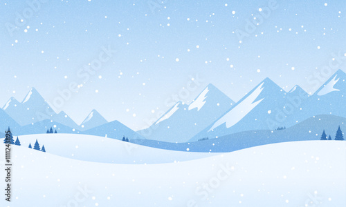 Winter landscape with snowdrifts and snowy fir trees. Vector 3d illustration. Seasonal nature background. Frosty snow hills. Game art concept. Vector illustration: Cartoon Winter snowy Mountains lands