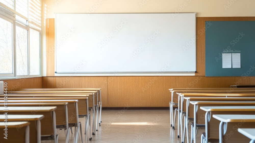 Fototapeta premium An empty whiteboard mounted on a wall, surrounded by colorful classroom decorations