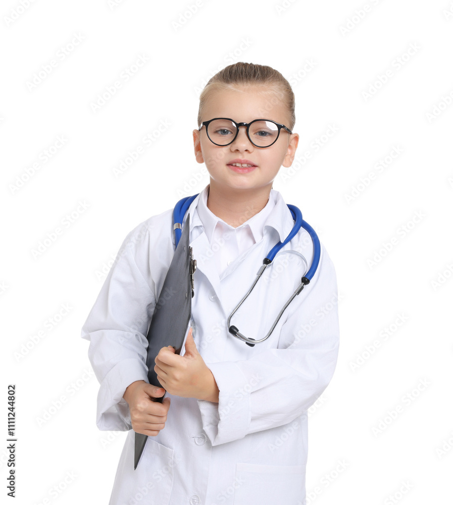 Little girl with stethoscope and clipboard pretending to be doctor on white background. Dreaming of future profession Little girl with stethoscope and clipboard pretending to be doctor on white background. Dreaming of future profession