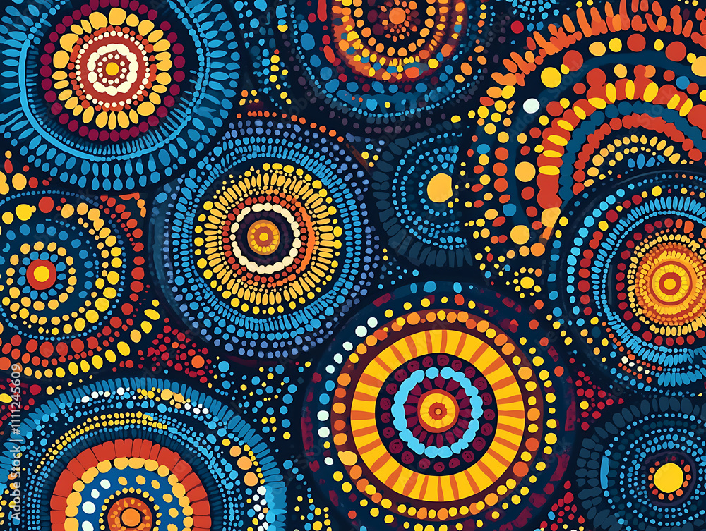 Aboriginal vibrant dotwork abstract background with circles Aboriginal vibrant dotwork abstract background with circles