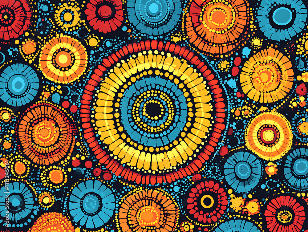 Aboriginal vibrant dotwork abstract background with circles Aboriginal vibrant dotwork abstract background with circles