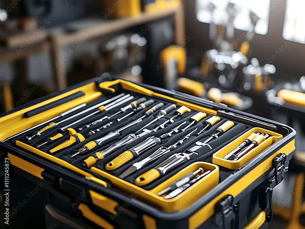 Close , up view of a toolbox at a mechanic's shop, focusing on the tools inside Close , up view of a toolbox at a mechanic's shop, focusing on the tools inside