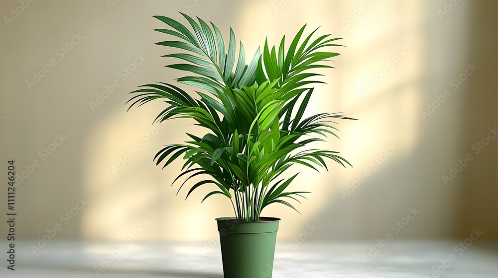 Lush green potted parlor palm plant in sunlight against a beige wall. Lush green potted parlor palm plant in sunlight against a beige wall.
