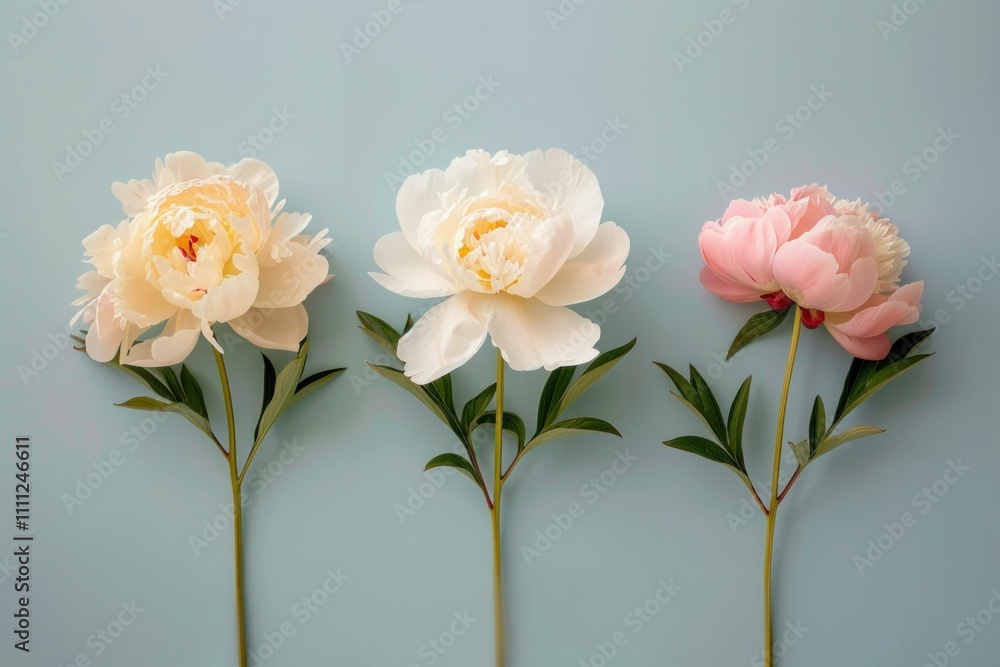 Elegant peonies in soft pastel colors arranged against a light blue background, showcasing delicacy and beauty for floral design inspiration. Elegant peonies in soft pastel colors arranged against a light blue background, showcasing delicacy and beauty for floral design inspiration.