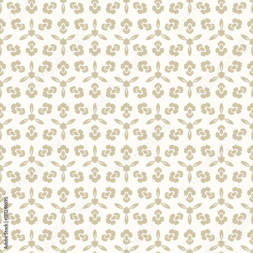 Abstract vector floral seamless pattern. Elegant gold and white ornament background with curly shapes, leaves, flower silhouettes. Simple golden texture in oriental style. Repeated decorative design