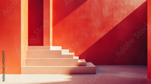 A minimalist interior featuring red walls and a staircase illuminated by sunlight.