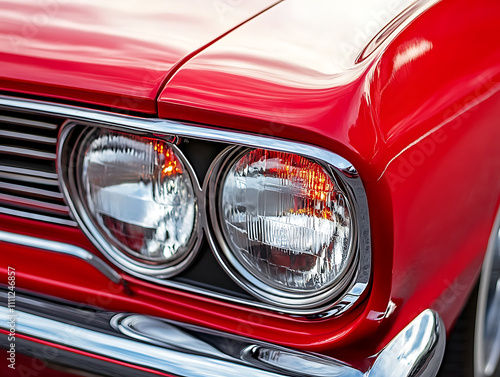 Closeup on headlight of a generic and unbranded red car