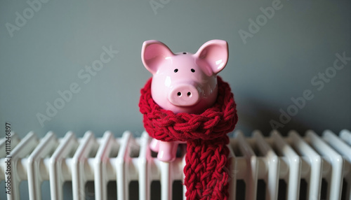 Pink piggy bank wrapped in a warm knitted scarf placed on a home radiator, symbolizing saving money for heating costs