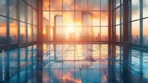 Empty modern office with sunset city view.