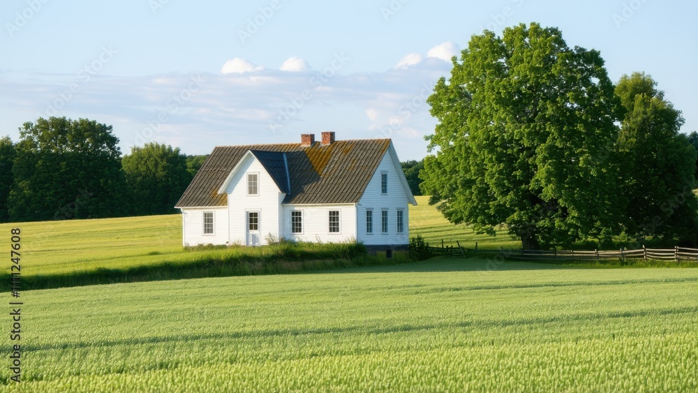White house in a field with a tree White house in a field with a tree