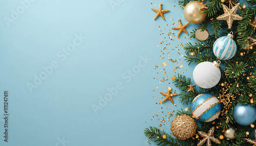 Christmas holiday composition. Christmas tree fir branches, colorful balls on border on blue background with copy space for your text. Banner mockup, postcard. Flat lay, top view, overhead.