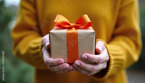 A close-up of a woman's hands holding a small gift box with an orange ribbon.  perfect for promoting gifts or celebrating special occasions in marketing campaigns and holiday-themed visuals.