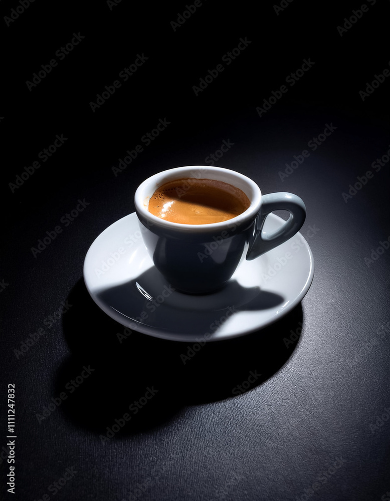 Small espresso cup with dramatic shadow effect on black background Small espresso cup with dramatic shadow effect on black background