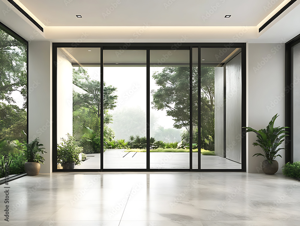 Aesthetic home entrance with large glass sliding doors with lots of copy space Aesthetic home entrance with large glass sliding doors with lots of copy space