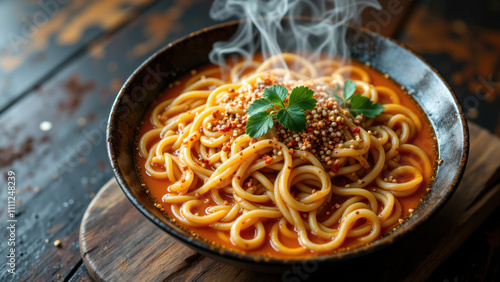 A hot bowl of Buldak Ramen with noodles, meat, and vegetable toppings, served on a wooden table. photo