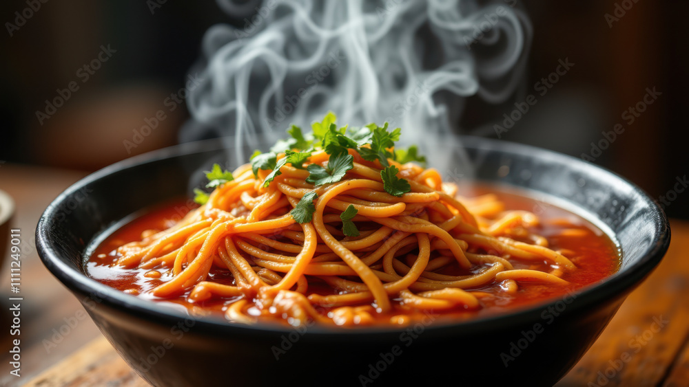 A bowl of steaming Buldak Ramen with noodles and seasoning on top. A bowl of steaming Buldak Ramen with noodles and seasoning on top.