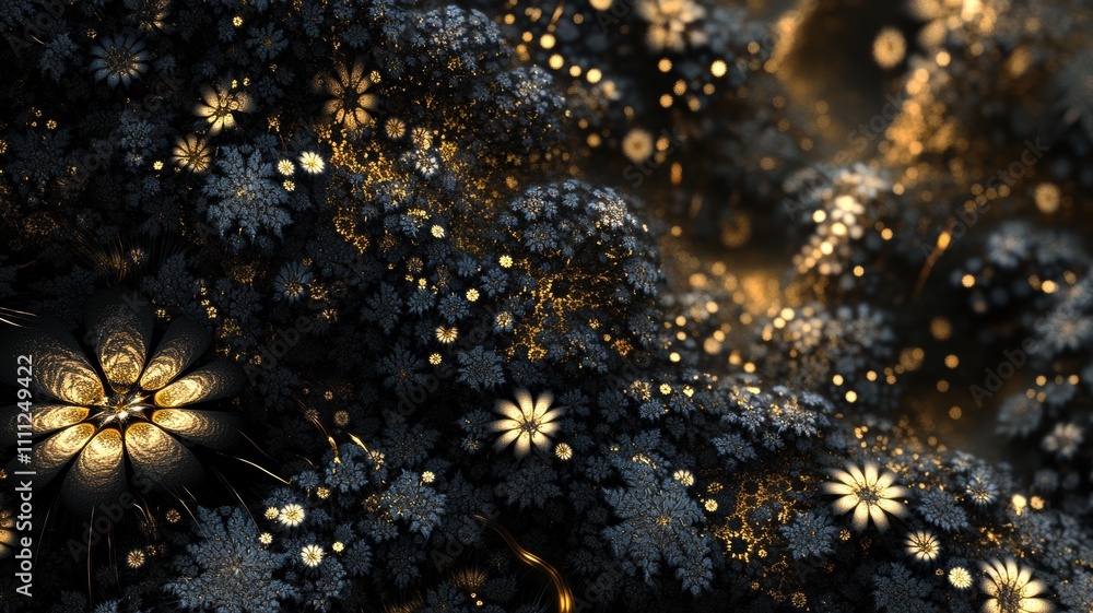Intricate fractal artwork resembling delicate flowers and foliage, illuminated by golden glows, creating a magical and mystical atmosphere. Intricate fractal artwork resembling delicate flowers and foliage, illuminated by golden glows, creating a magical and mystical atmosphere.
