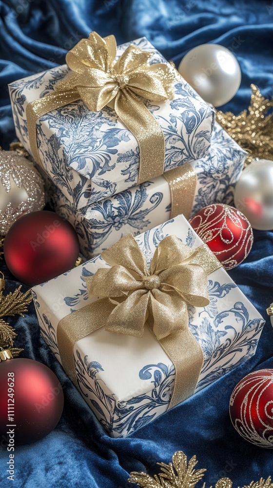 Christmas gift boxes wrapped in elegant white paper featuring a delicate blue floral pattern. ribbons and ornaments Christmas gift boxes wrapped in elegant white paper featuring a delicate blue floral pattern. ribbons and ornaments