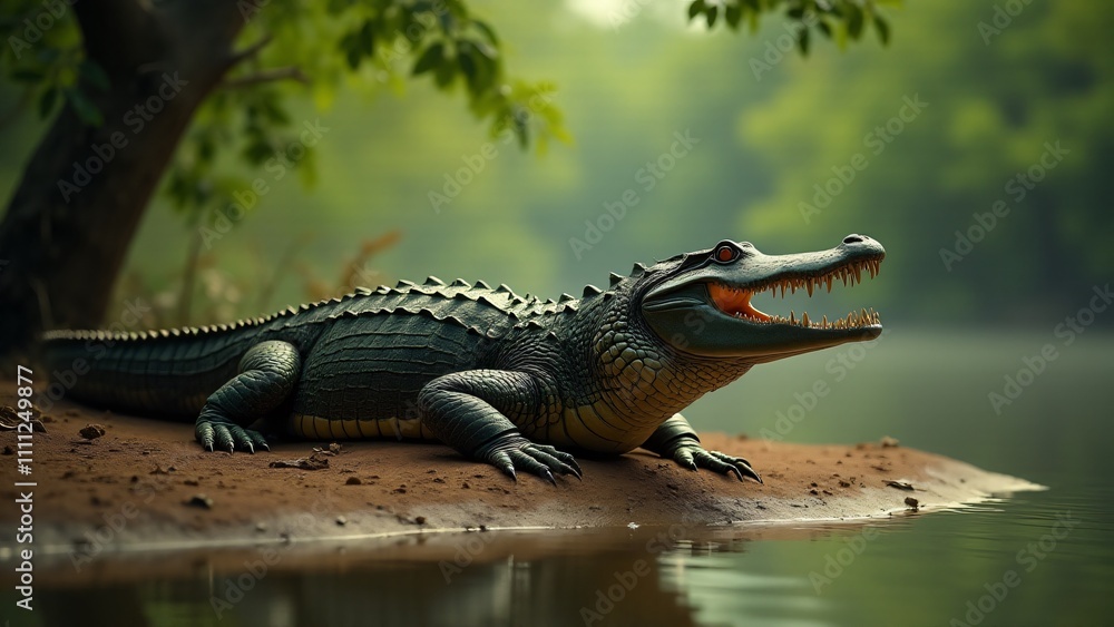A crocodile basking on the riverbank, soaking in the sun and resting after a hunt. A crocodile basking on the riverbank, soaking in the sun and resting after a hunt.