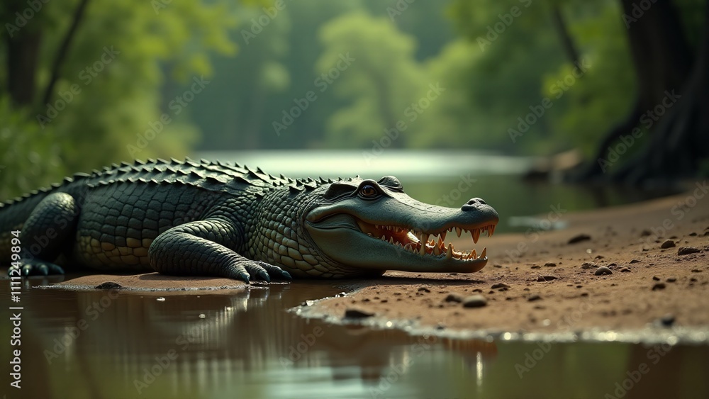 Obraz premium A crocodile basking on the riverbank, soaking in the sun and resting after a hunt.