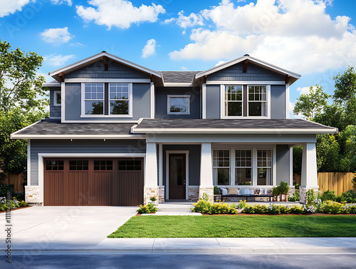 Beautiful new home exterior with two car garage and covered porch on sunny day