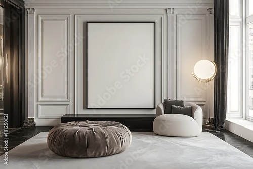 Modern living room interior mockup with large blank canvas photo