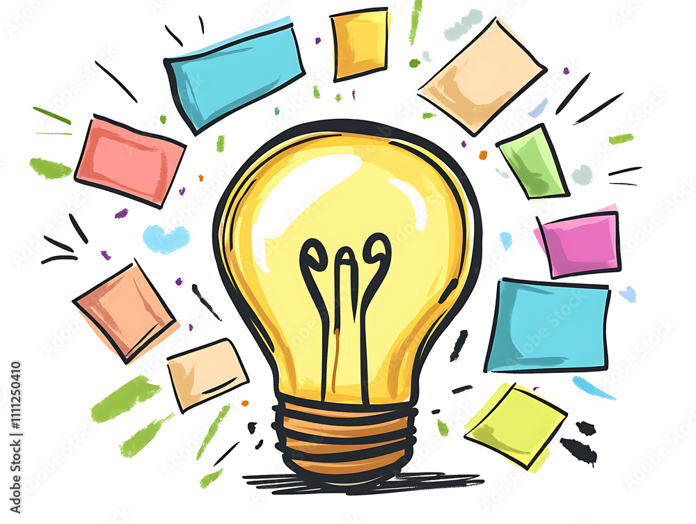 Big yellow light bulb drawing is surrounded by colorful sticky notes with scribbles representing a brainstorming session Big yellow light bulb drawing is surrounded by colorful sticky notes with scribbles representing a brainstorming session