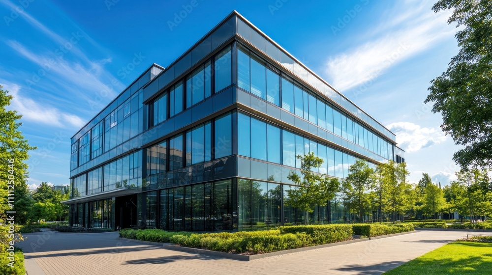 Fototapeta premium Modern glass office building on sunny day.