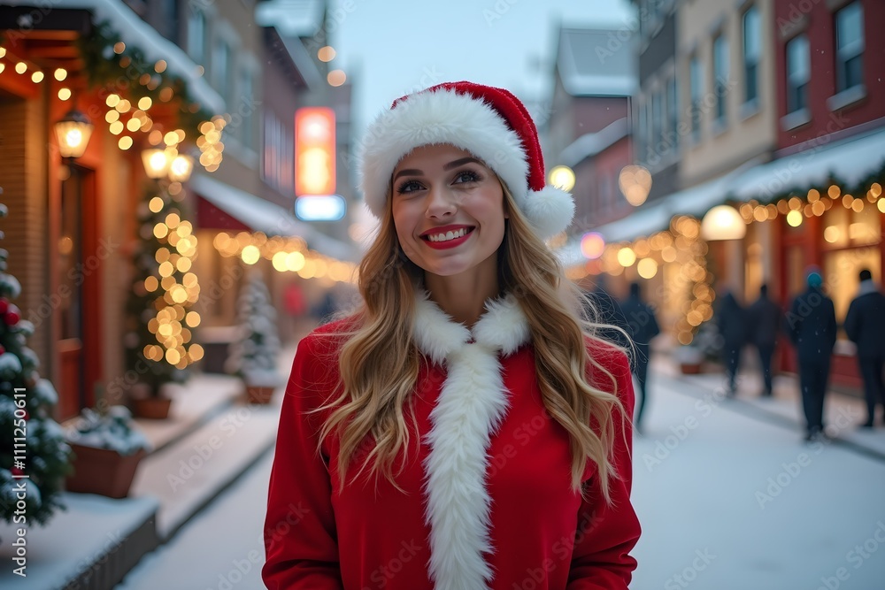 A woman in a Santa hat and red coat stands smiling in a snowy street. Buildings are adorned with Christmas lights, and people walk by warmly lit shops. A woman in a Santa hat and red coat stands smiling in a snowy street. Buildings are adorned with Christmas lights, and people walk by warmly lit shops.